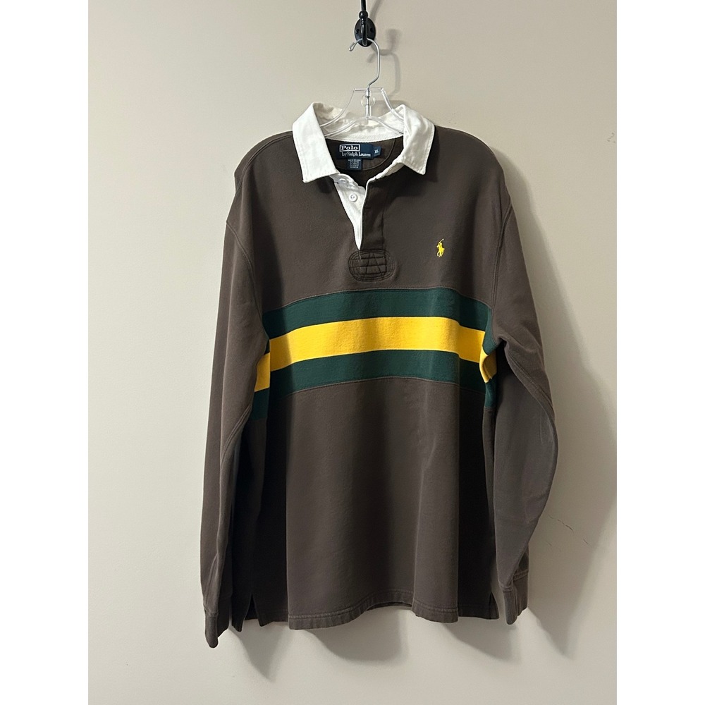 Polo Ralph Lauren Rugby Shirt XL Brown Green Yellow Stripe Long Sleeve Mens